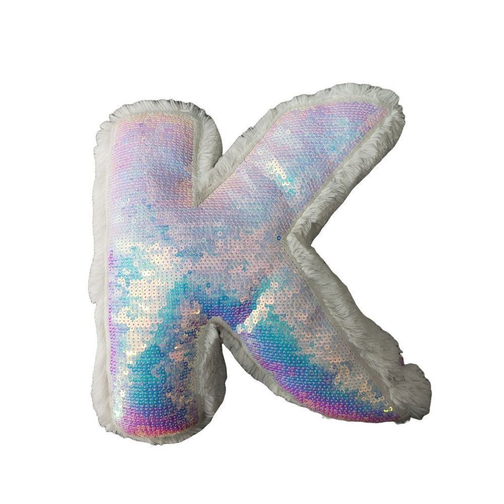 Justice‎ Letter K Initial Purple and White Furry Sequins Plush Decorative Pillow